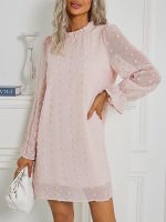 Adibosy Women's Dress Long Sleeve Swiss Dot Mini Dresses Round Neck Loose Chiffon Casual Short Dress - Image 2